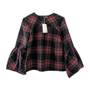 New Free Assembly Women's Long Bell Sleeve Plaid Blouse Top Size XS Multicolor